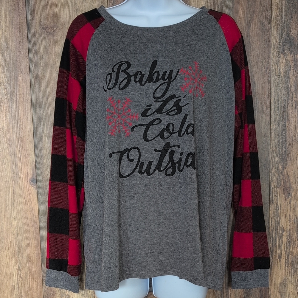 "Baby It's Cold Outside" Gray and Red Plaid Pajama Top L       P138